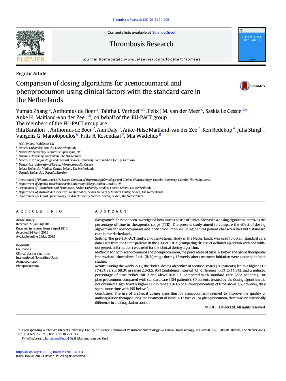 Comparison of dosing algorithms for acenocoumarol and phenprocoumon using clinical factors with the standard care in the Netherlands