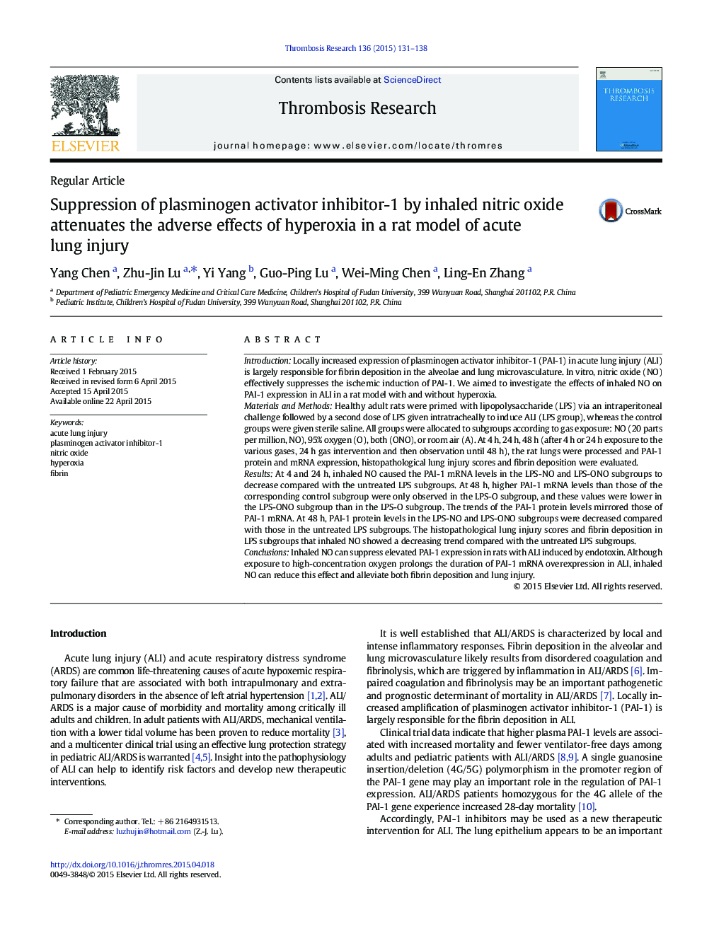 Suppression of plasminogen activator inhibitor-1 by inhaled nitric oxide attenuates the adverse effects of hyperoxia in a rat model of acute lung injury