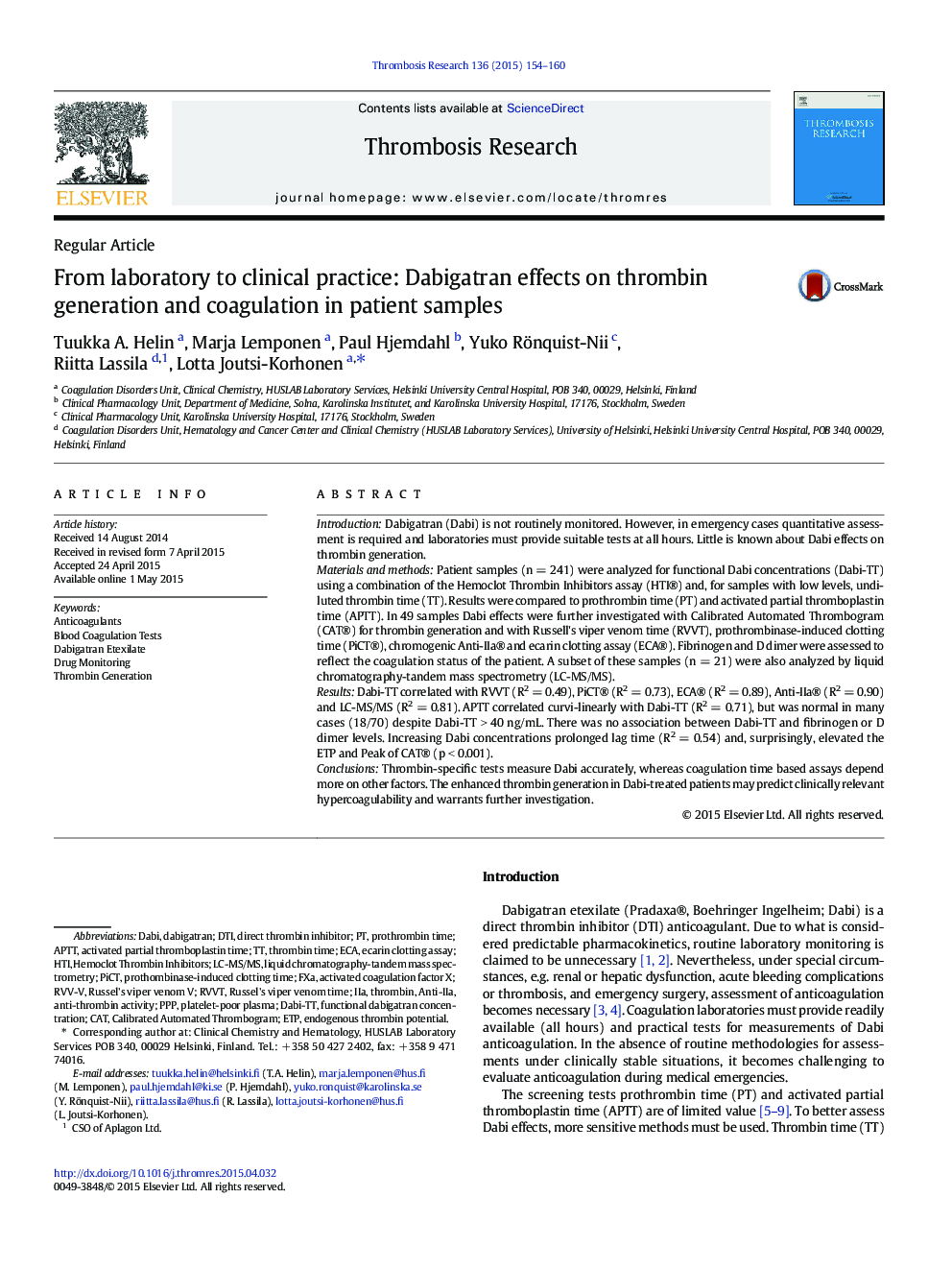 From laboratory to clinical practice: Dabigatran effects on thrombin generation and coagulation in patient samples