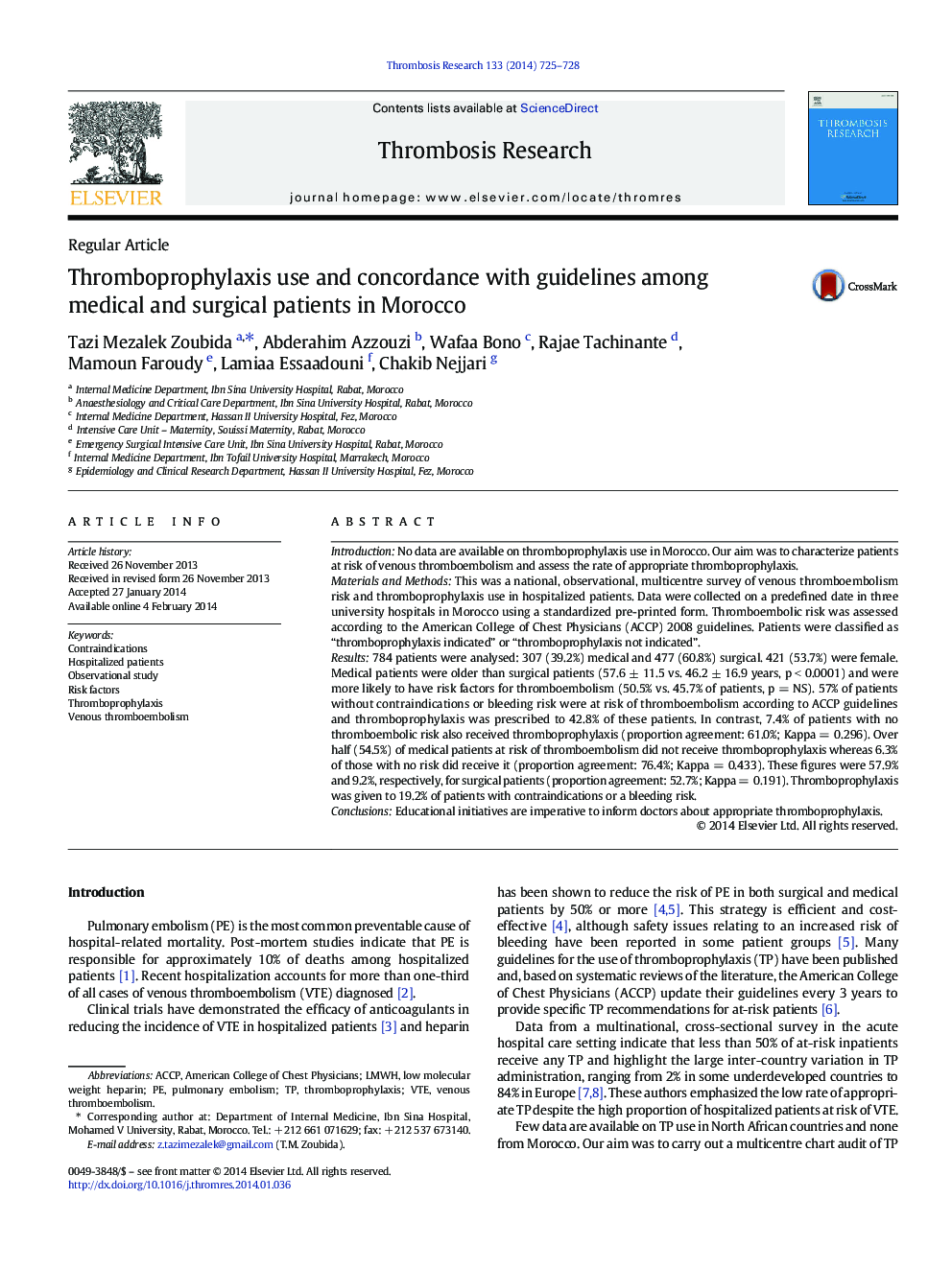 Thromboprophylaxis use and concordance with guidelines among medical and surgical patients in Morocco