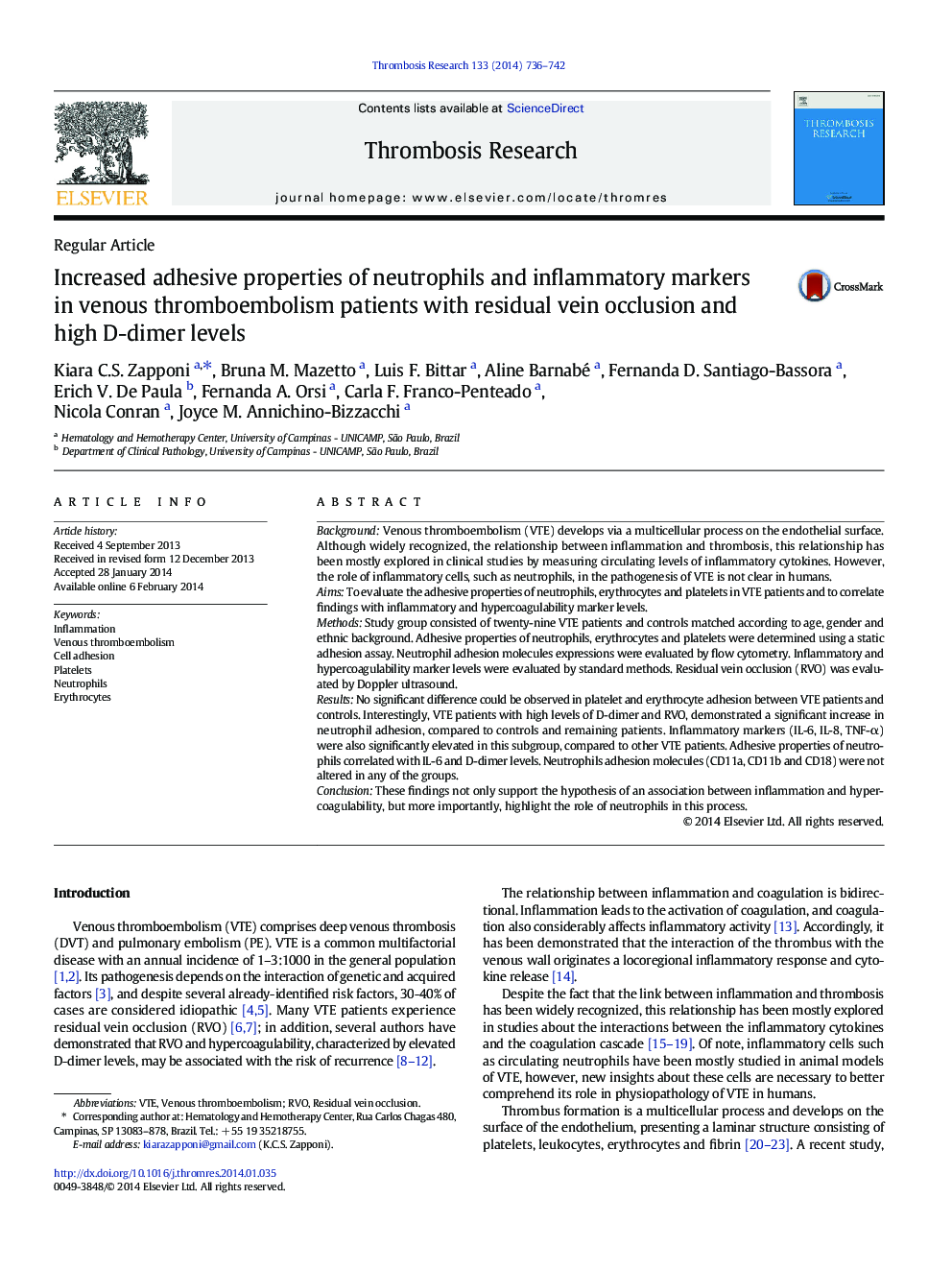 Increased adhesive properties of neutrophils and inflammatory markers in venous thromboembolism patients with residual vein occlusion and high D-dimer levels