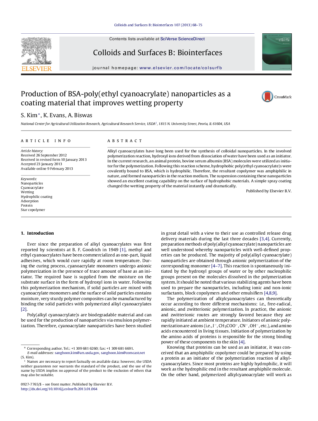 Production of BSA-poly(ethyl cyanoacrylate) nanoparticles as a coating material that improves wetting property