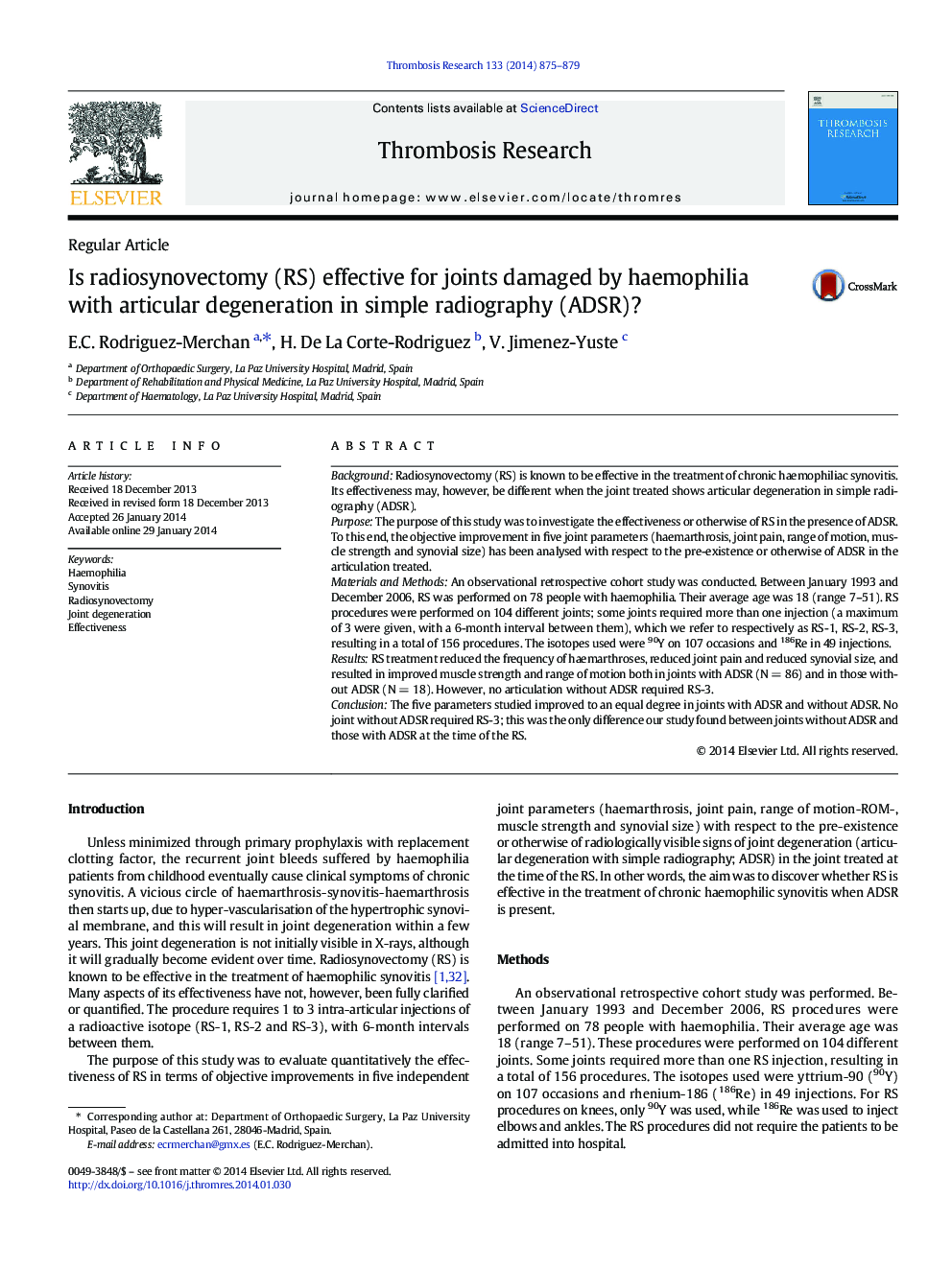 Is radiosynovectomy (RS) effective for joints damaged by haemophilia with articular degeneration in simple radiography (ADSR)?