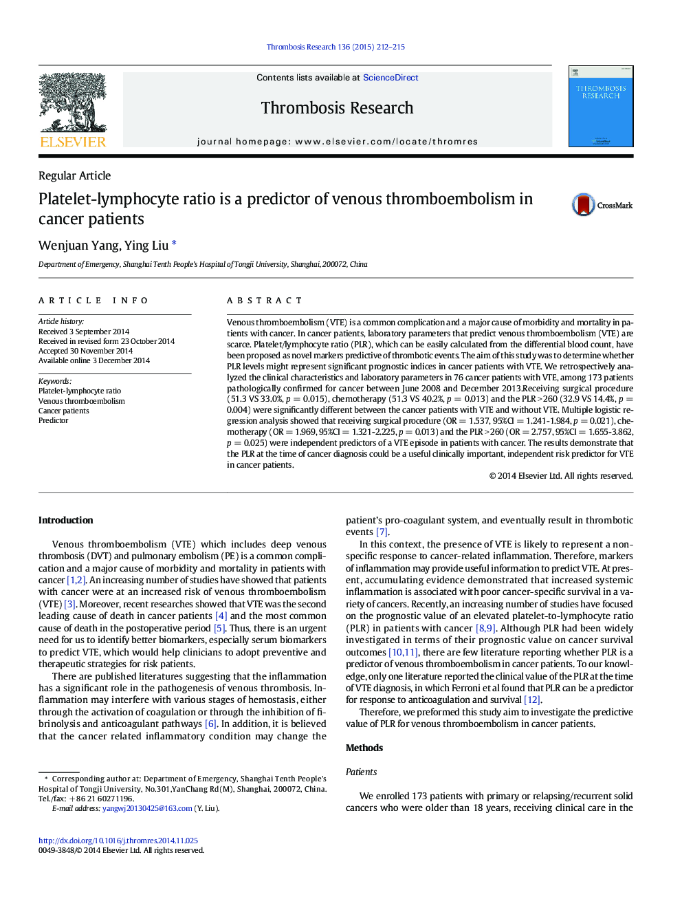 Platelet-lymphocyte ratio is a predictor of venous thromboembolism in cancer patients