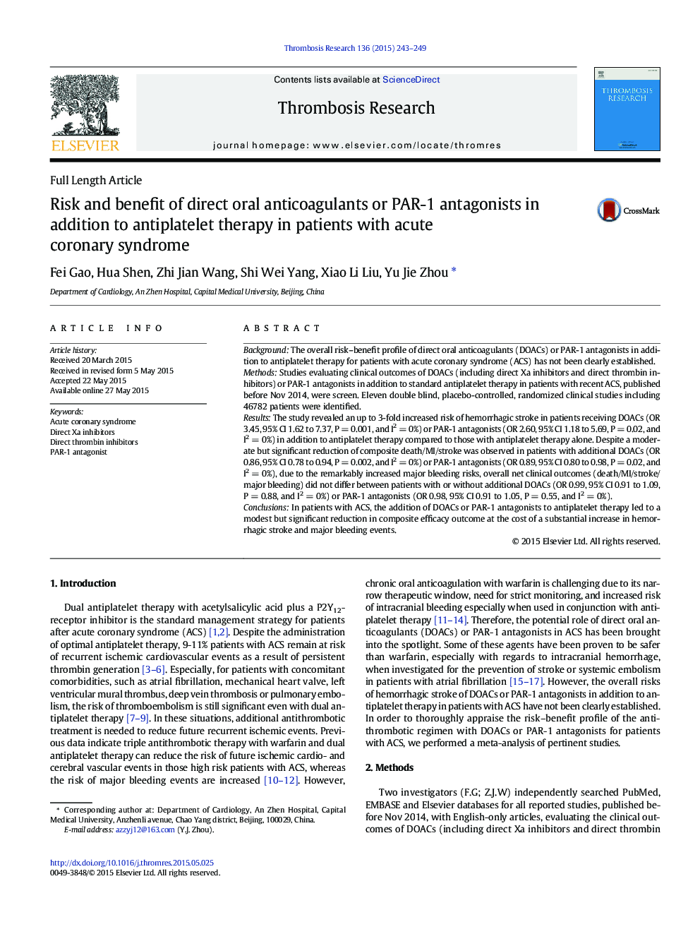 Risk and benefit of direct oral anticoagulants or PAR-1 antagonists in addition to antiplatelet therapy in patients with acute coronary syndrome