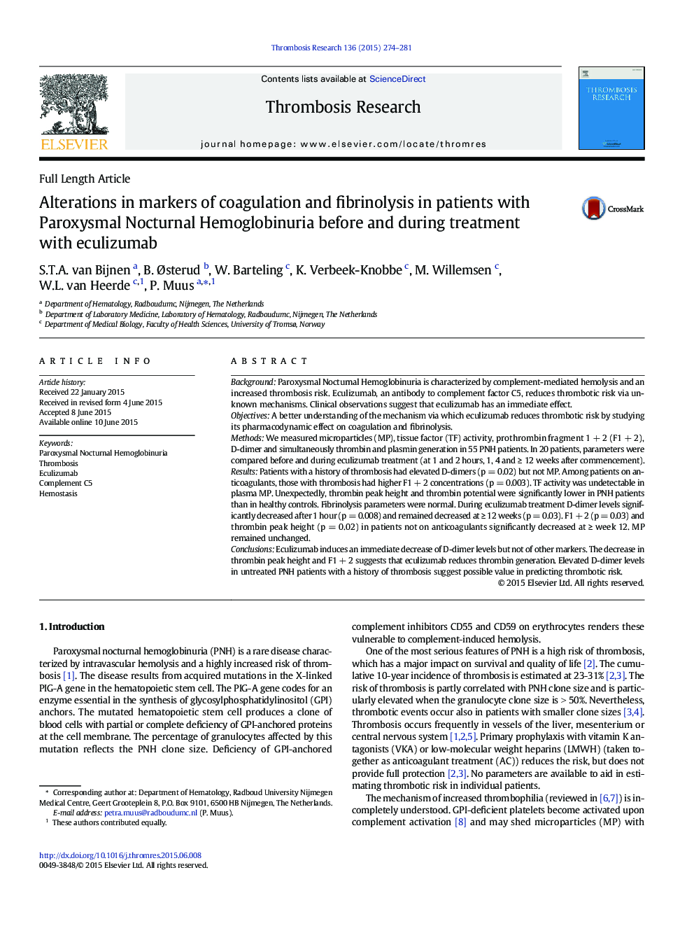تغییرات در نشانگرهای انعقاد و فیبرینولیز در بیماران مبتلا به هموگلوبینوری پاروکسیسمال شبانه قبل و در طی درمان با اکولیزومب 