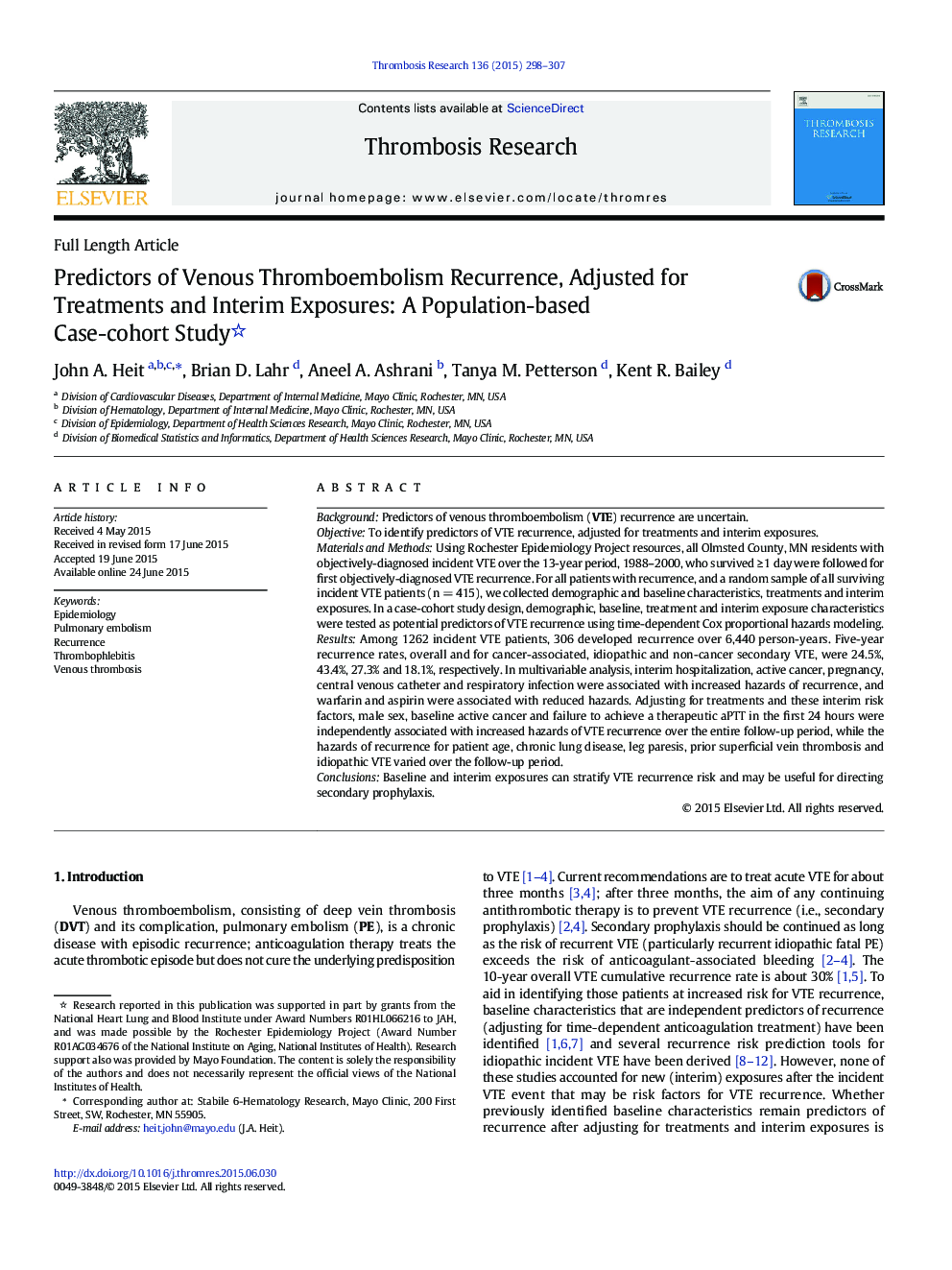 Predictors of Venous Thromboembolism Recurrence, Adjusted for Treatments and Interim Exposures: A Population-based Case-cohort Study