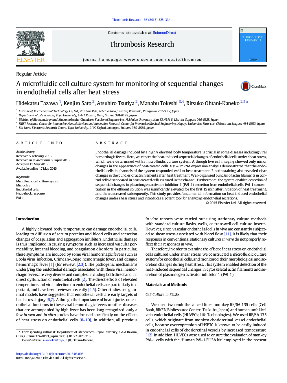 A microfluidic cell culture system for monitoring of sequential changes in endothelial cells after heat stress