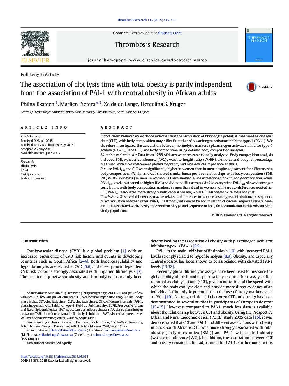 The association of clot lysis time with total obesity is partly independent from the association of PAI-1 with central obesity in African adults