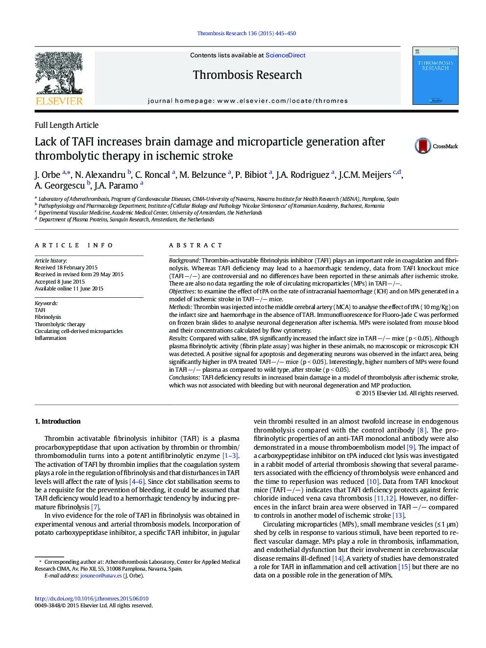 Full Length ArticleLack of TAFI increases brain damage and microparticle generation after thrombolytic therapy in ischemic stroke