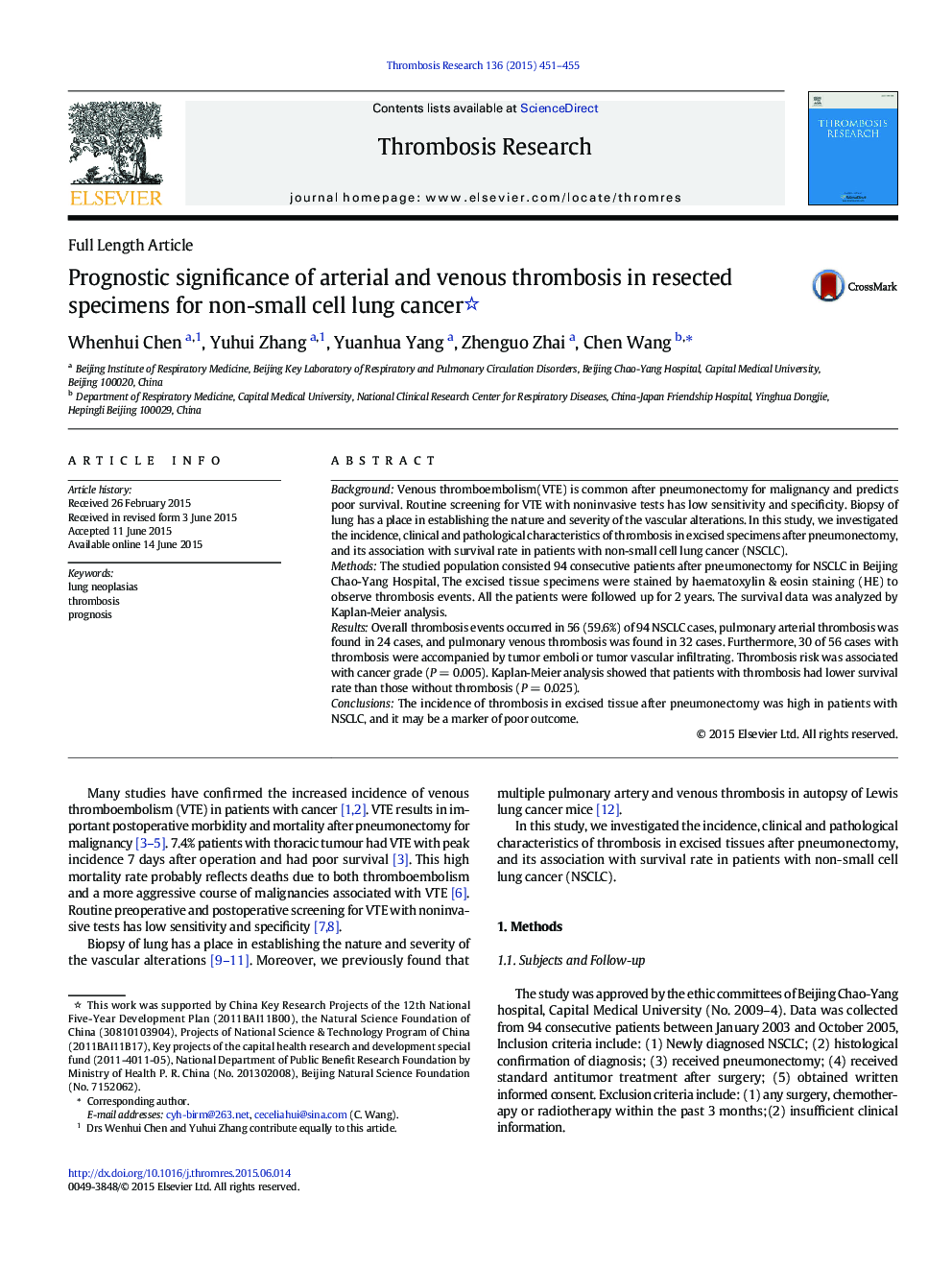 Prognostic significance of arterial and venous thrombosis in resected specimens for non-small cell lung cancer