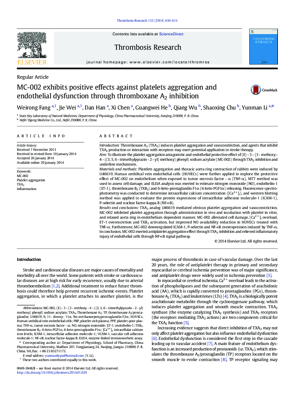 MC-002 exhibits positive effects against platelets aggregation and endothelial dysfunction through thromboxane A2 inhibition