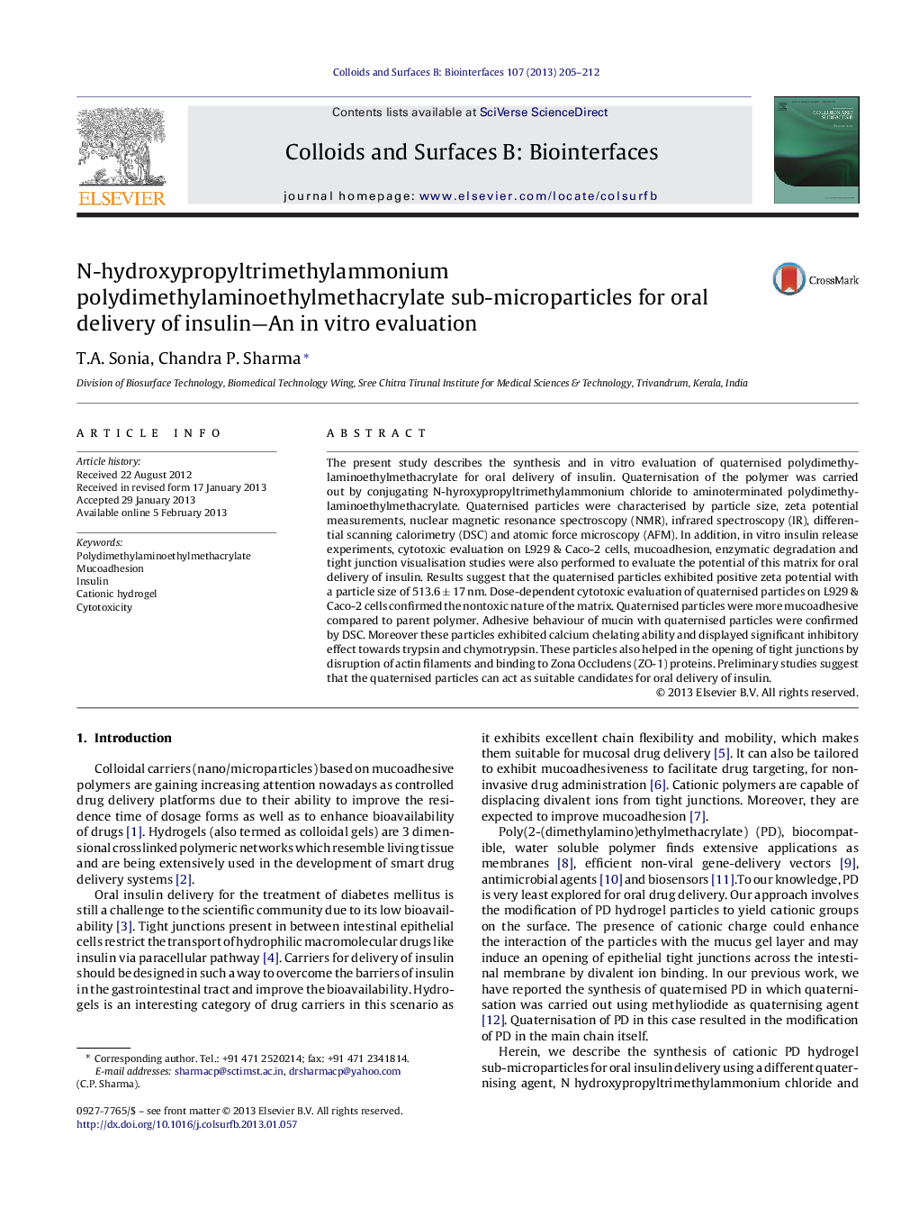 N-hydroxypropyltrimethylammonium polydimethylaminoethylmethacrylate sub-microparticles for oral delivery of insulin—An in vitro evaluation