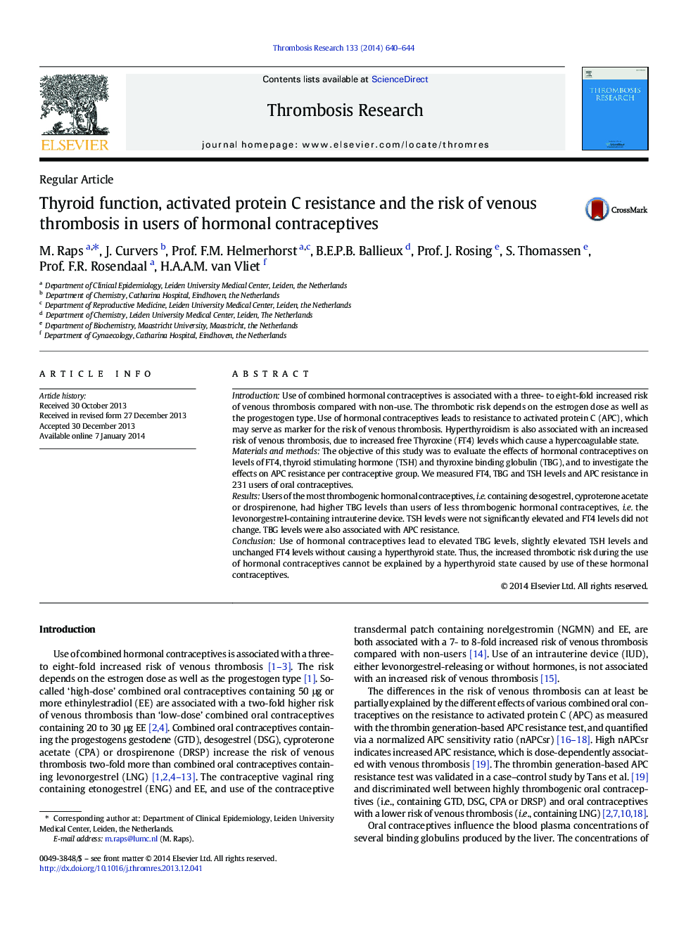 Thyroid function, activated protein C resistance and the risk of venous thrombosis in users of hormonal contraceptives