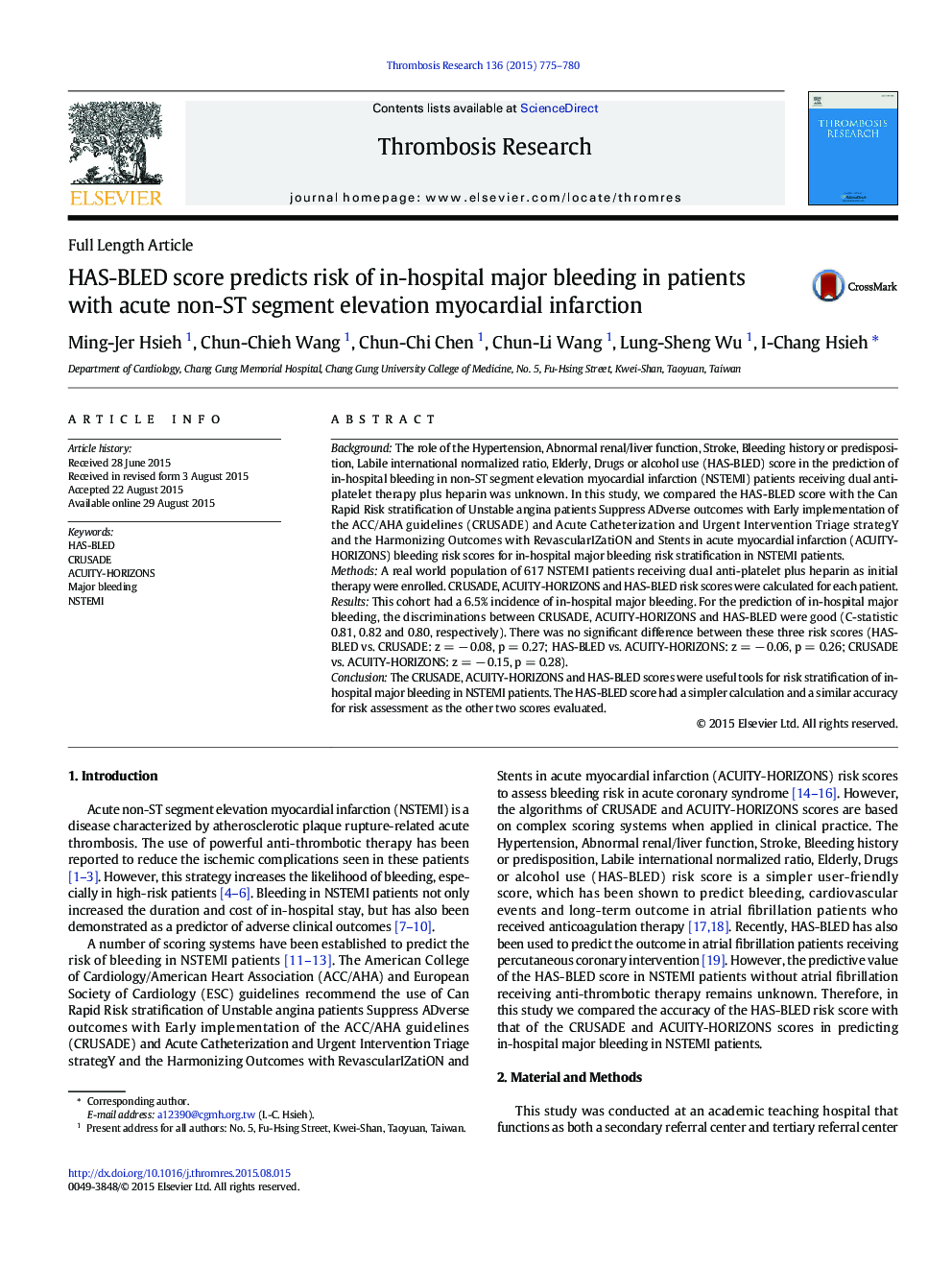 HAS-BLED score predicts risk of in-hospital major bleeding in patients with acute non-ST segment elevation myocardial infarction