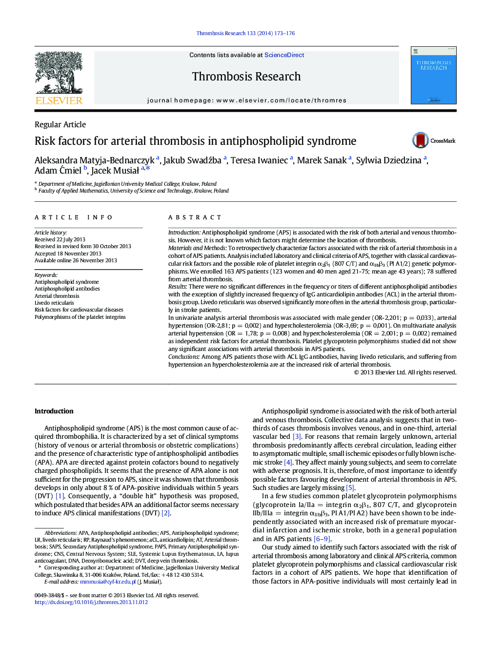 Risk factors for arterial thrombosis in antiphospholipid syndrome