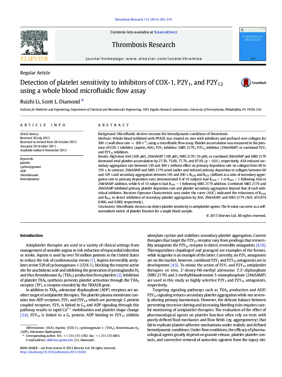 Detection of platelet sensitivity to inhibitors of COX-1, P2Y1, and P2Y12 using a whole blood microfluidic flow assay