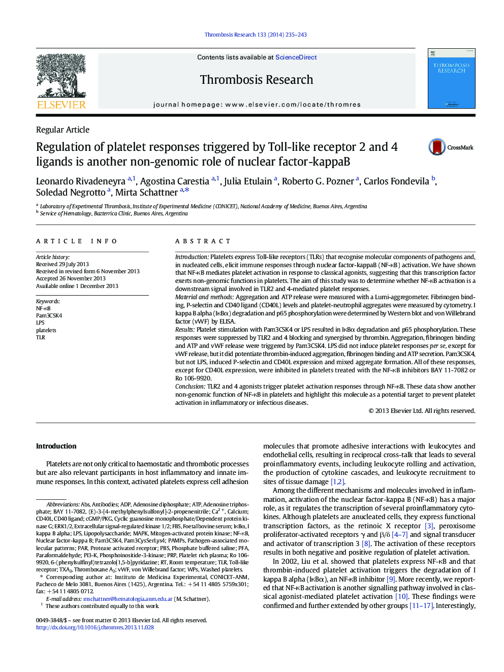 Regulation of platelet responses triggered by Toll-like receptor 2 and 4 ligands is another non-genomic role of nuclear factor-kappaB