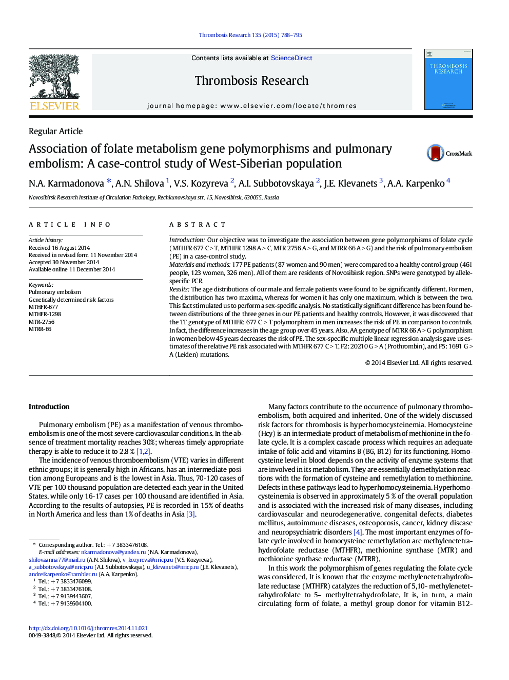 Association of folate metabolism gene polymorphisms and pulmonary embolism: A case-control study of West-Siberian population