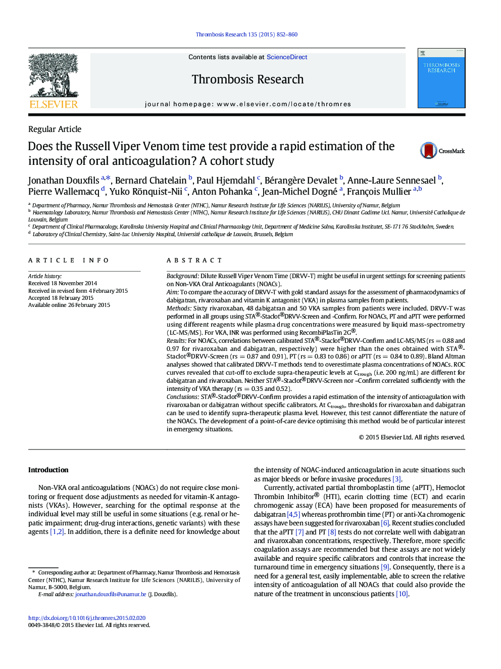 Does the Russell Viper Venom time test provide a rapid estimation of the intensity of oral anticoagulation? A cohort study