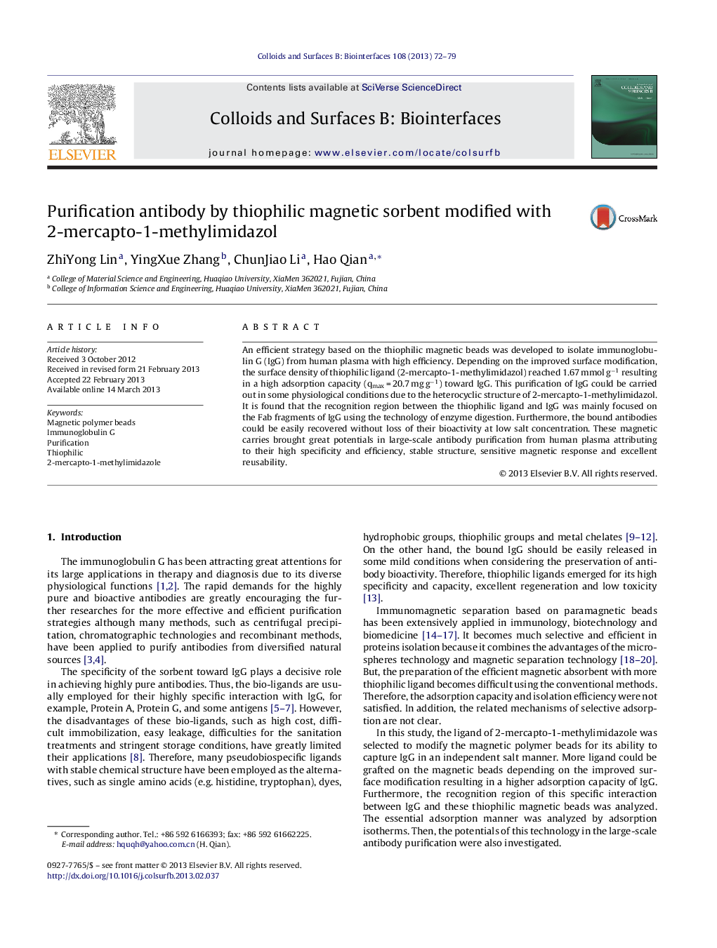 Purification antibody by thiophilic magnetic sorbent modified with 2-mercapto-1-methylimidazol