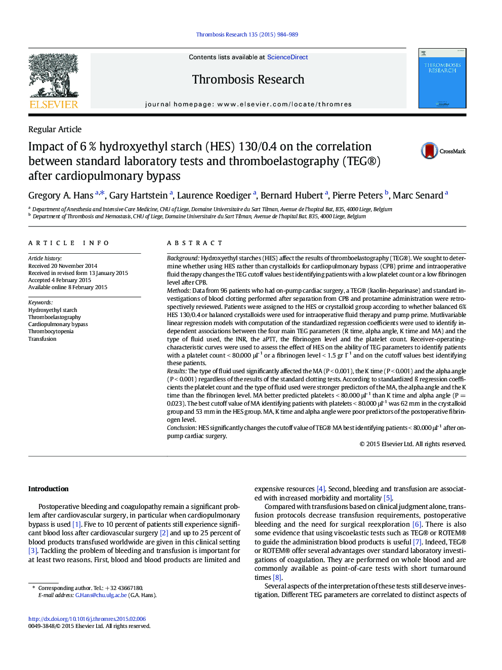 Impact of 6 % hydroxyethyl starch (HES) 130/0.4 on the correlation between standard laboratory tests and thromboelastography (TEG®) after cardiopulmonary bypass