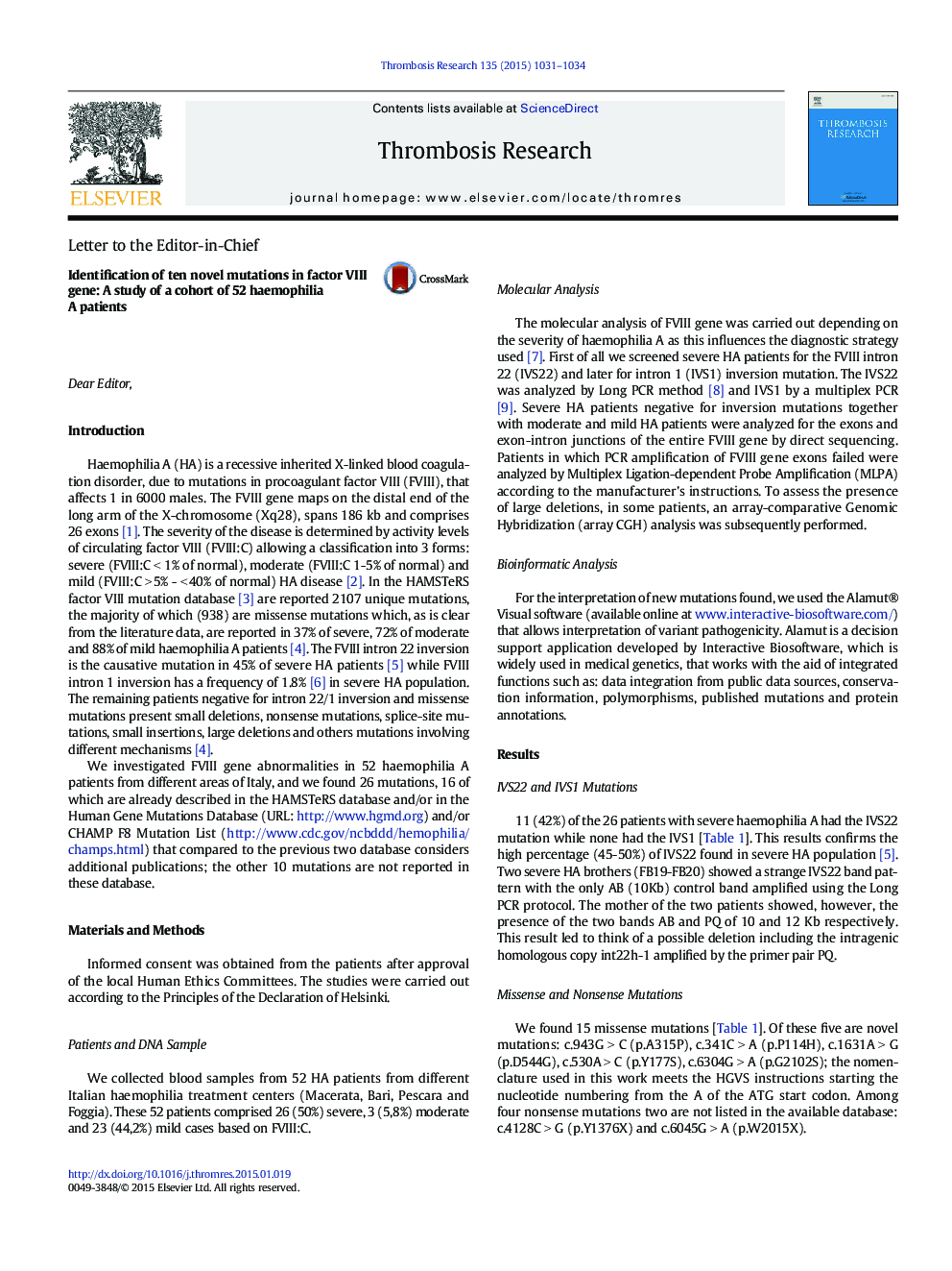 Identification of ten novel mutations in factor VIII gene: A study of a cohort of 52 haemophilia A patients