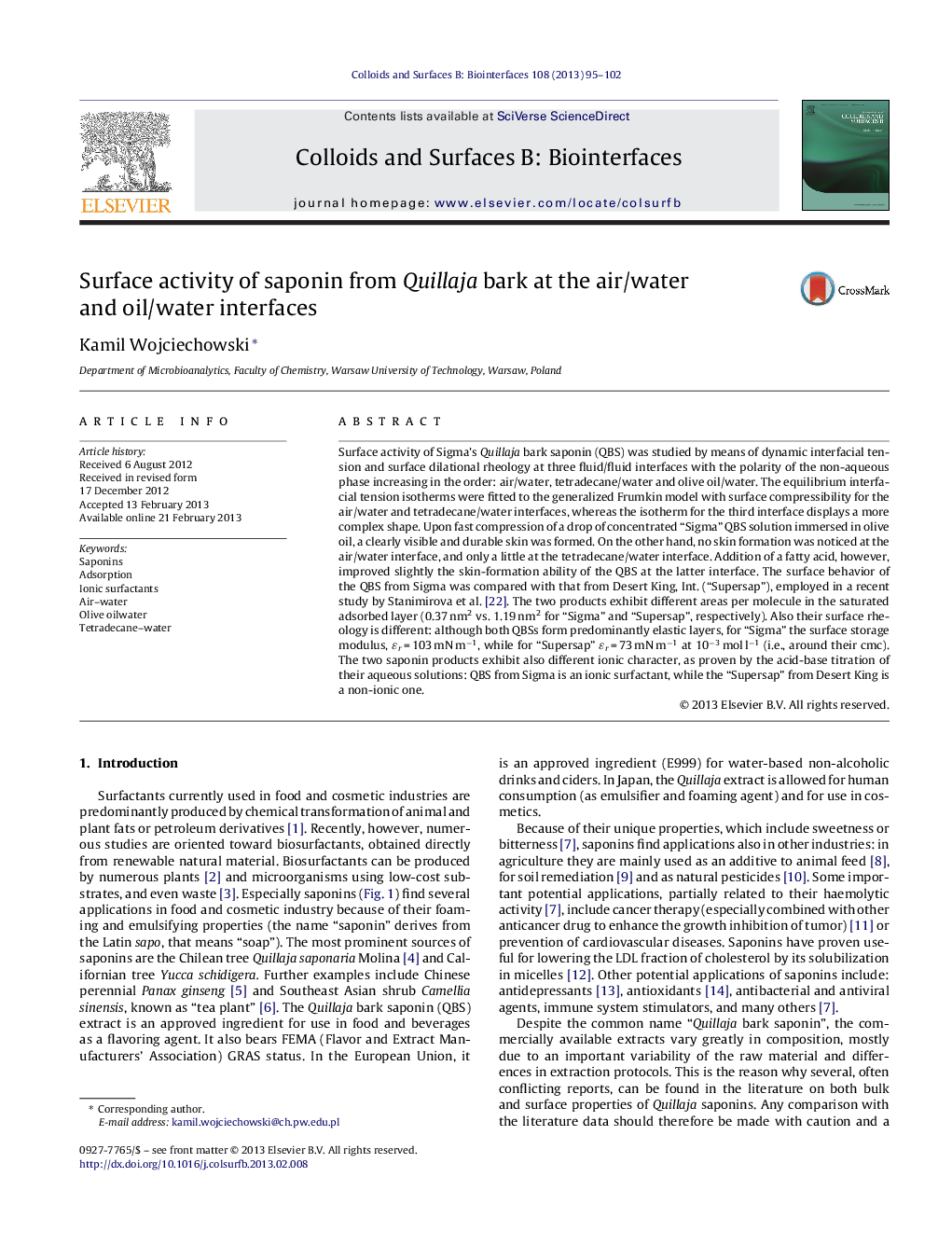 Surface activity of saponin from Quillaja bark at the air/water and oil/water interfaces