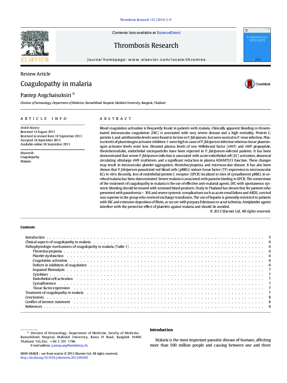 Coagulopathy in malaria