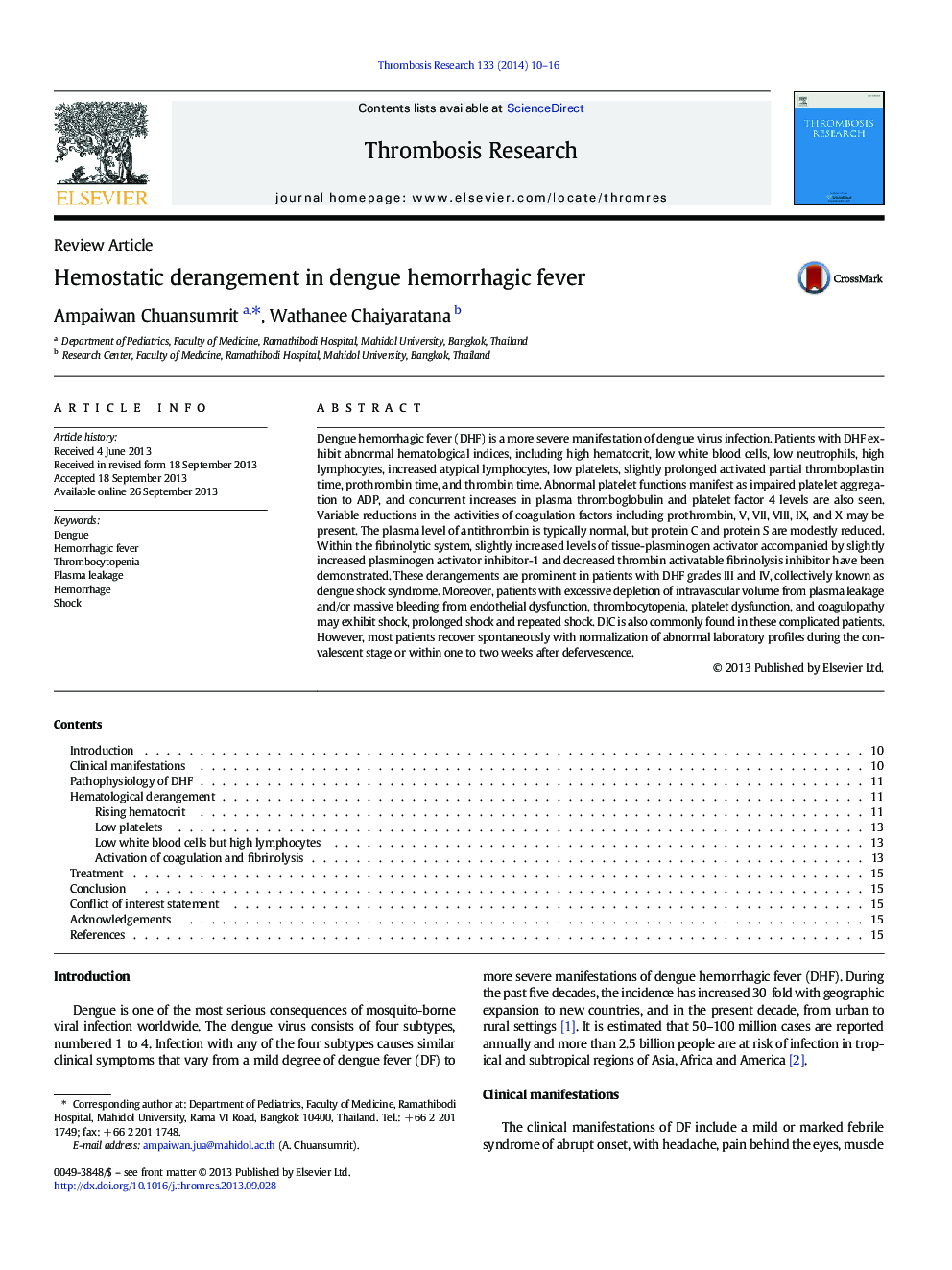 Hemostatic derangement in dengue hemorrhagic fever