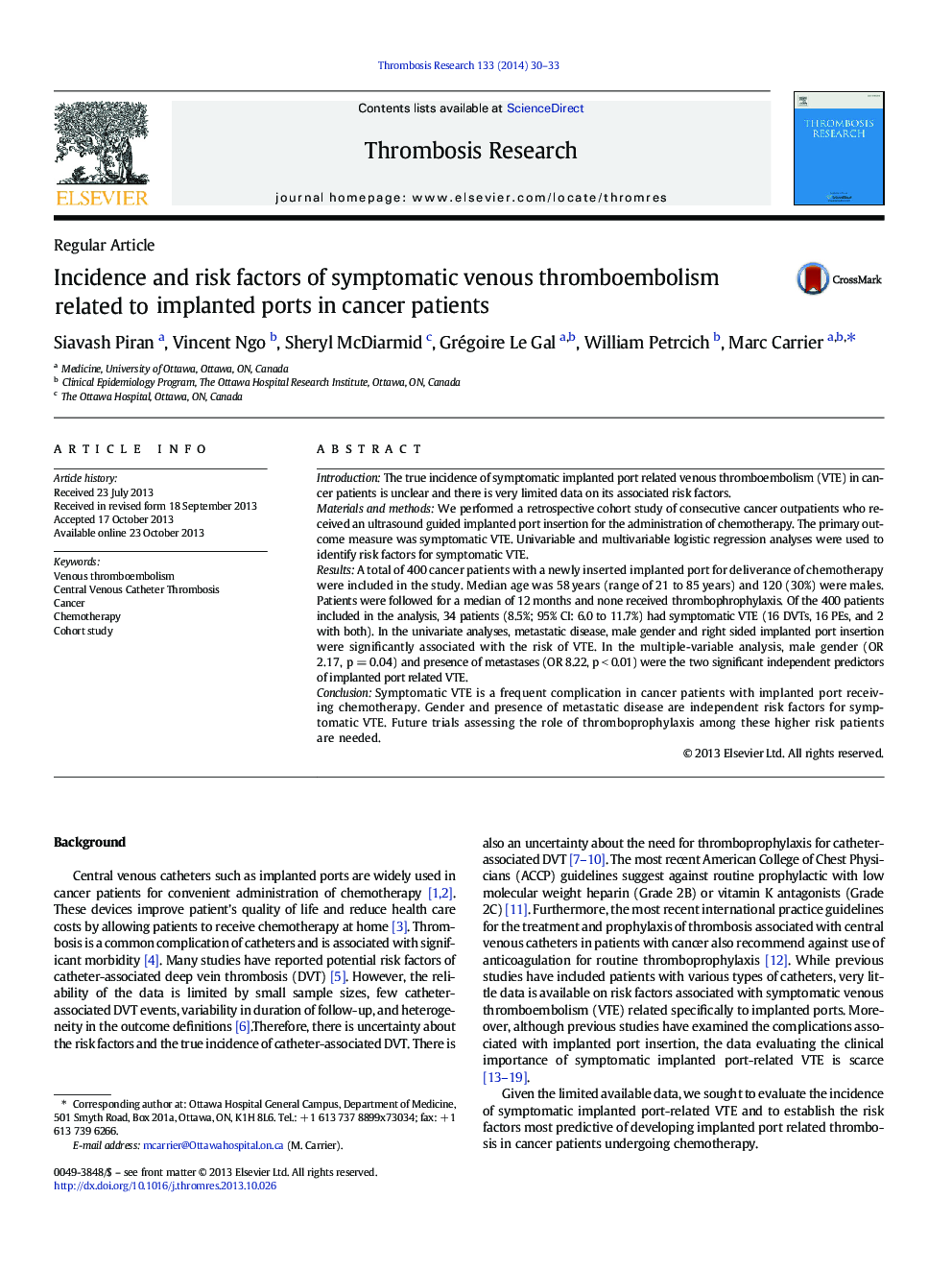 Incidence and risk factors of symptomatic venous thromboembolism related to implanted ports in cancer patients