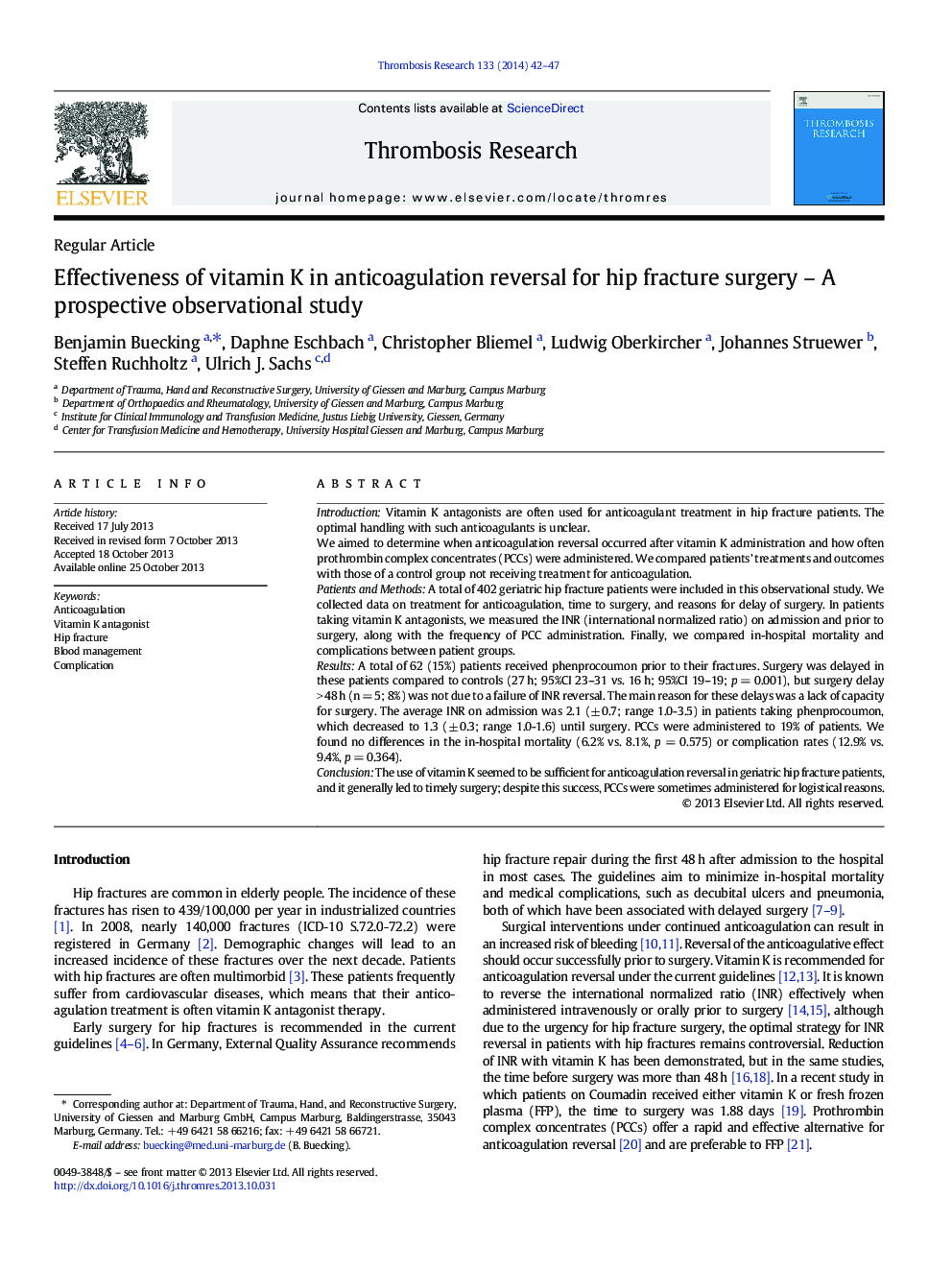 Effectiveness of vitamin K in anticoagulation reversal for hip fracture surgery - A prospective observational study