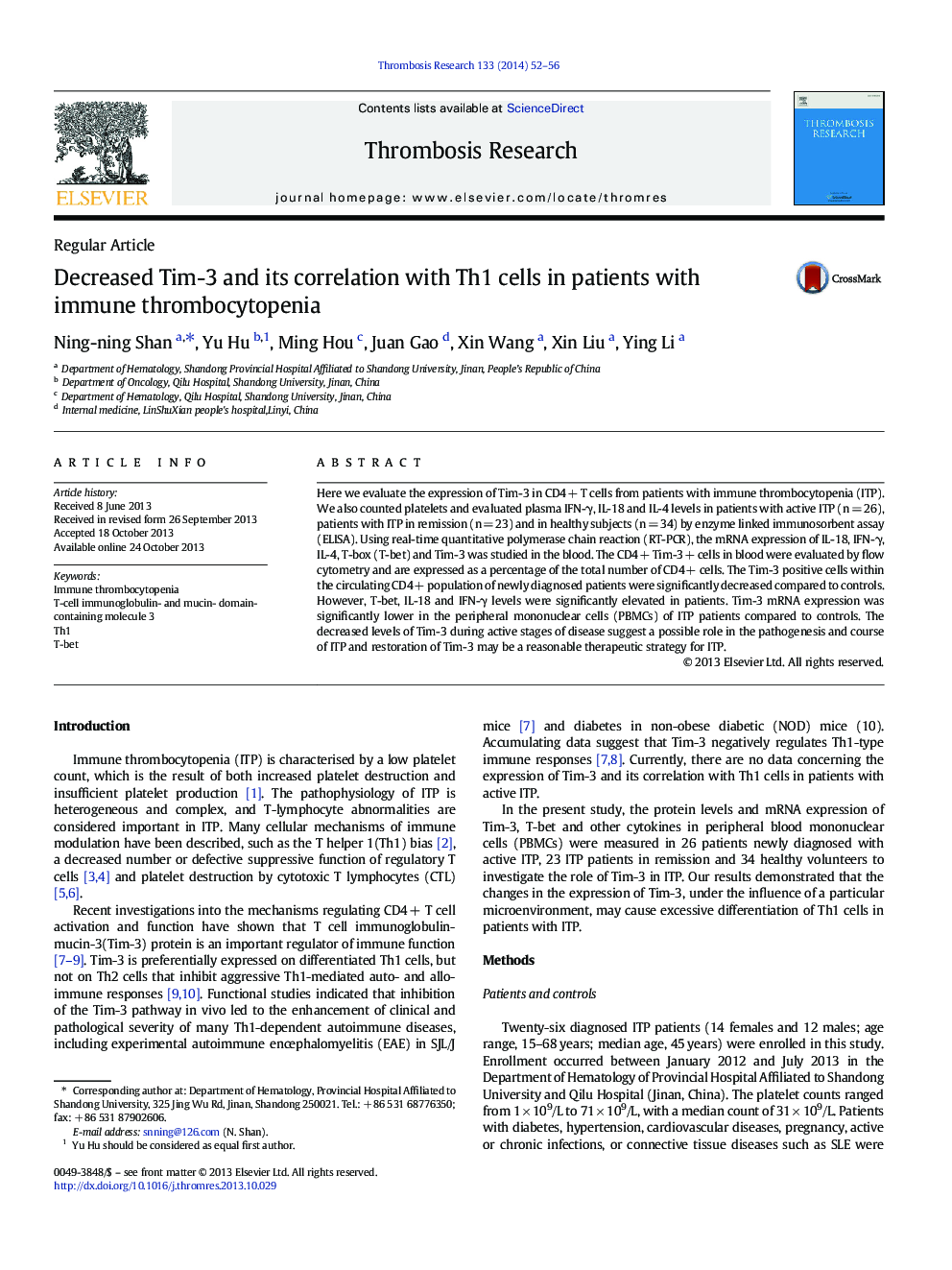 Decreased Tim-3 and its correlation with Th1 cells in patients with immune thrombocytopenia