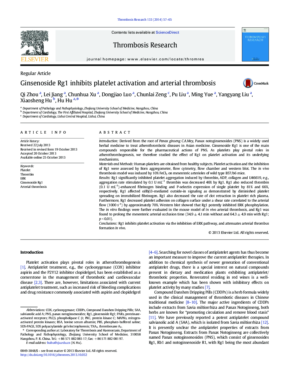 Ginsenoside Rg1 inhibits platelet activation and arterial thrombosis