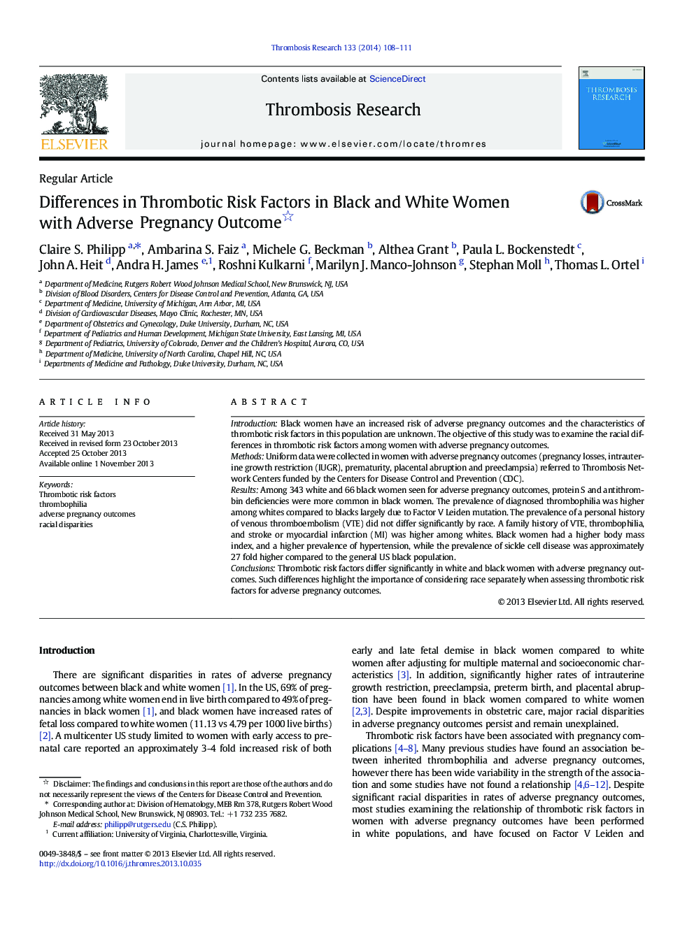 Differences in Thrombotic Risk Factors in Black and White Women with Adverse Pregnancy Outcome