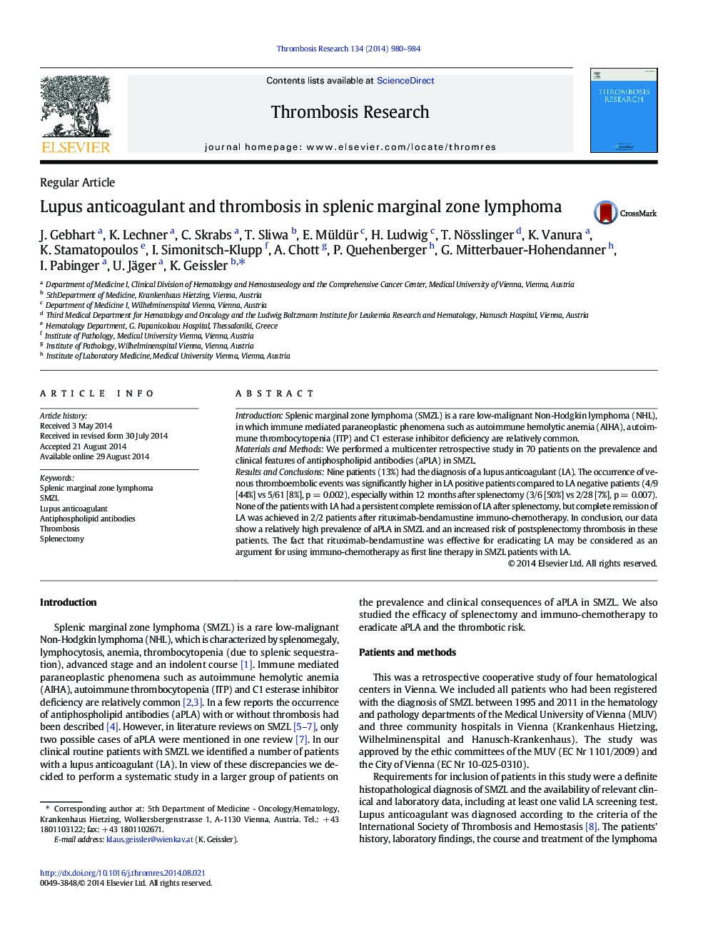 Lupus anticoagulant and thrombosis in splenic marginal zone lymphoma