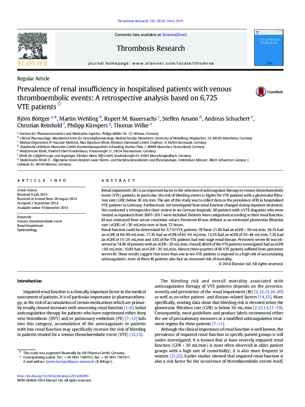 Prevalence of renal insufficiency in hospitalised patients with venous thromboembolic events: A retrospective analysis based on 6,725 VTE patients