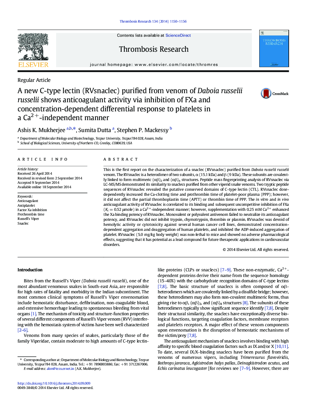 A new C-type lectin (RVsnaclec) purified from venom of Daboia russelii russelii shows anticoagulant activity via inhibition of FXa and concentration-dependent differential response to platelets in a Ca2 +-independent manner