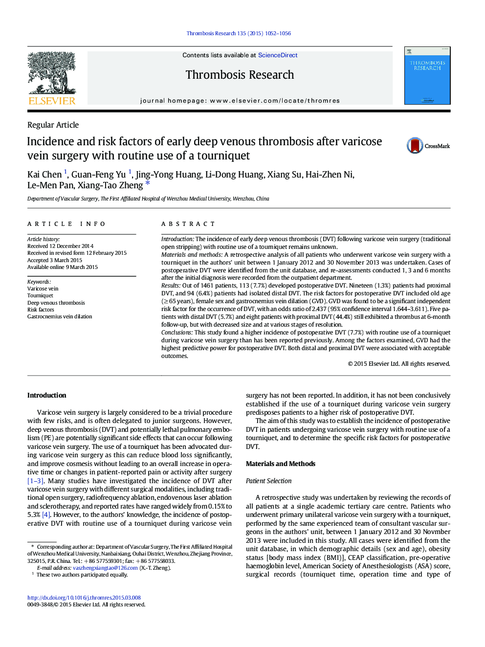 Incidence and risk factors of early deep venous thrombosis after varicose vein surgery with routine use of a tourniquet