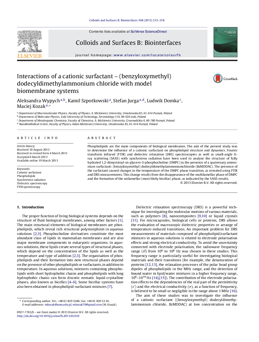 عکس صفحه اول مقاله: Interactions of a cationic surfactant – (benzyloxymethyl) dodecyldimethylammonium chloride with model biomembrane systems Interactions of a cationic surfactant – (benzyloxymethyl) dodecyldimethylammonium chloride with model biomembrane systems