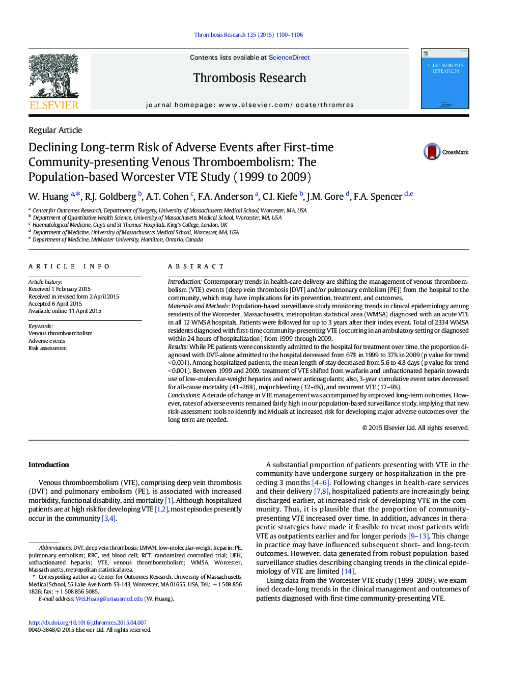 Declining Long-term Risk of Adverse Events after First-time Community-presenting Venous Thromboembolism: The Population-based Worcester VTE Study (1999 to 2009)