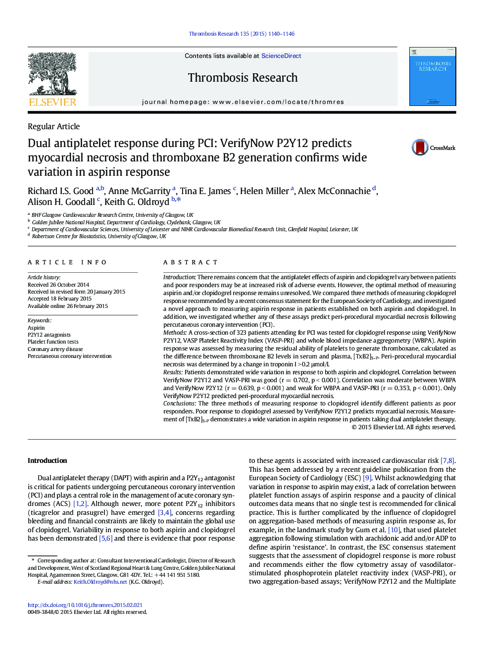 Dual antiplatelet response during PCI: VerifyNow P2Y12 predicts myocardial necrosis and thromboxane B2 generation confirms wide variation in aspirin response