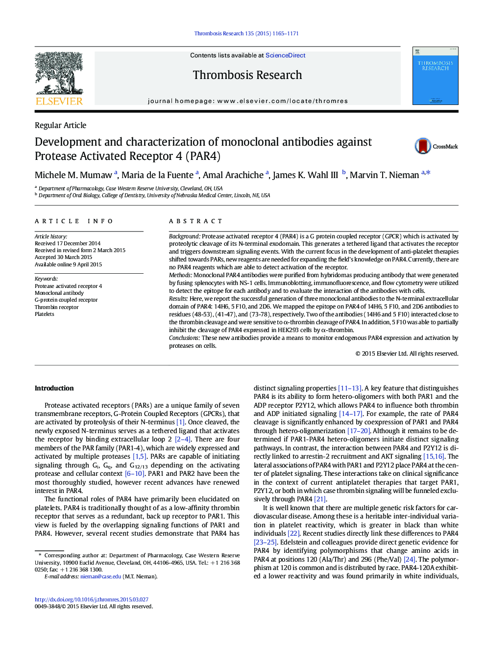 Development and characterization of monoclonal antibodies against Protease Activated Receptor 4 (PAR4)