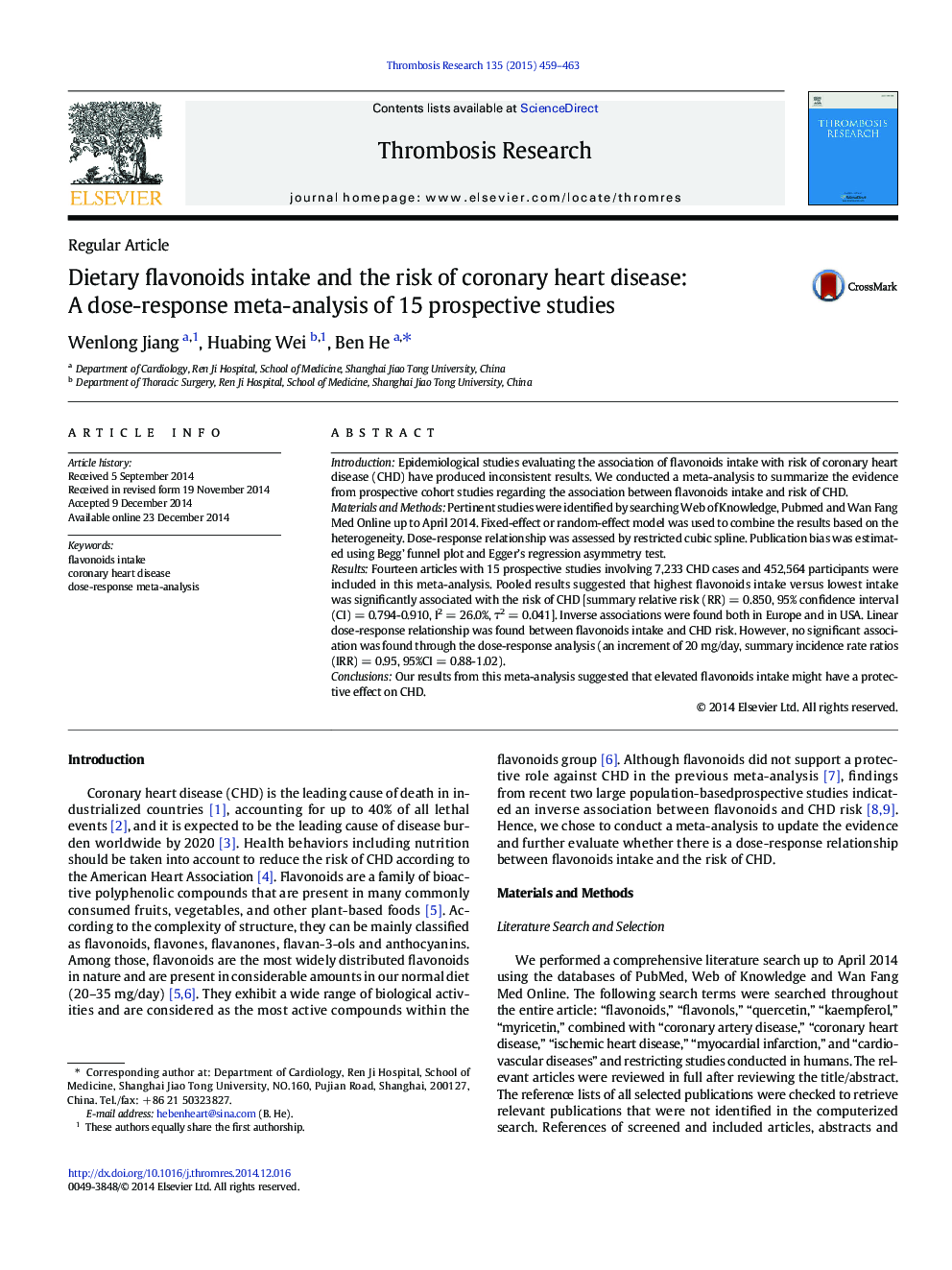 Dietary flavonoids intake and the risk of coronary heart disease: A dose-response meta-analysis of 15 prospective studies