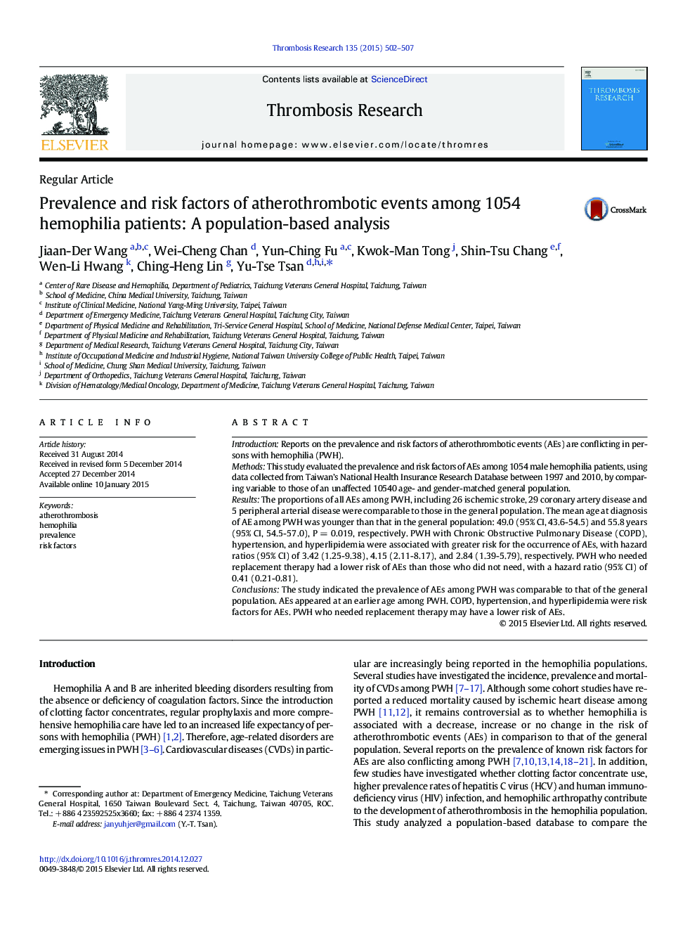 Prevalence and risk factors of atherothrombotic events among 1054 hemophilia patients: A population-based analysis