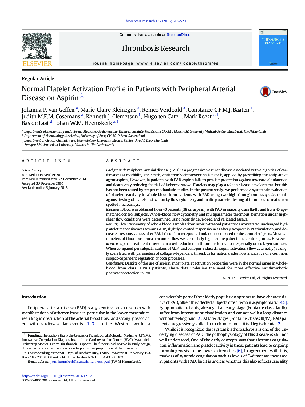 Normal Platelet Activation Profile in Patients with Peripheral Arterial Disease on Aspirin