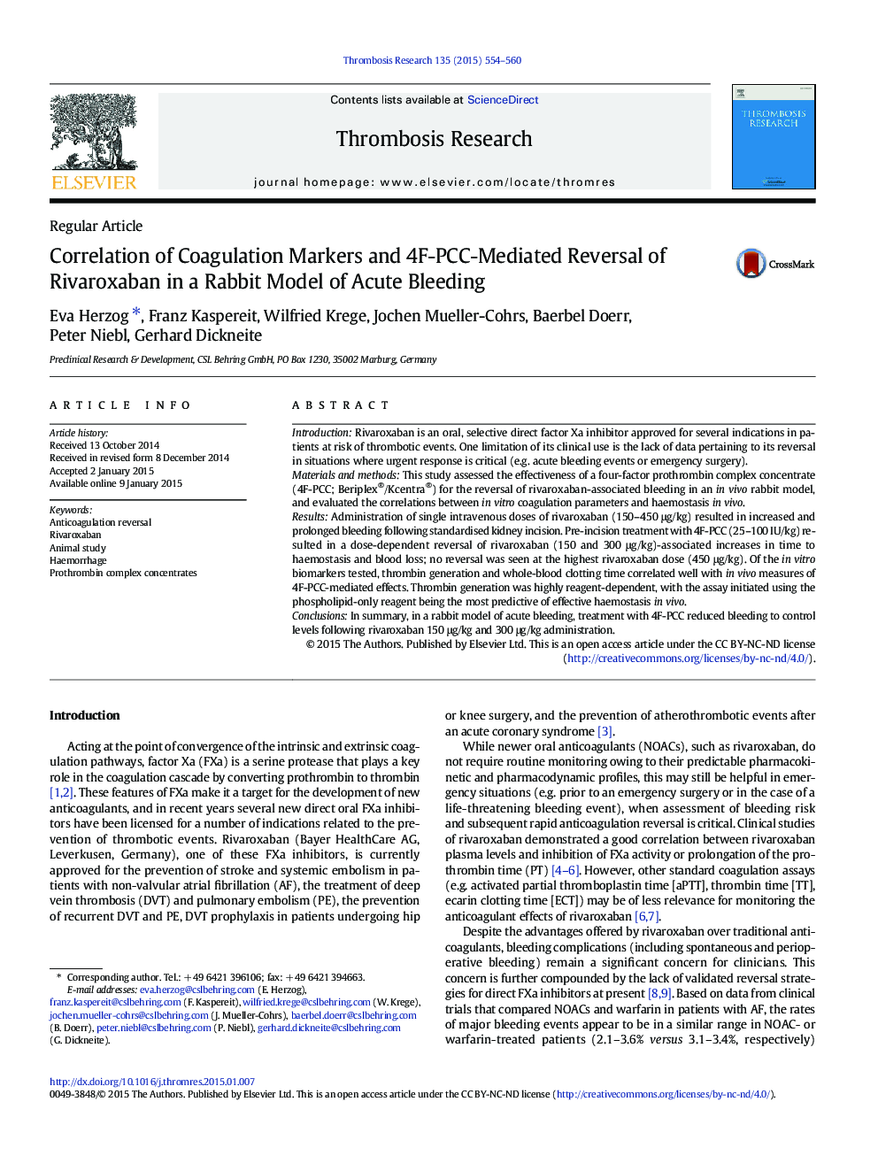 Correlation of Coagulation Markers and 4F-PCC-Mediated Reversal of Rivaroxaban in a Rabbit Model of Acute Bleeding