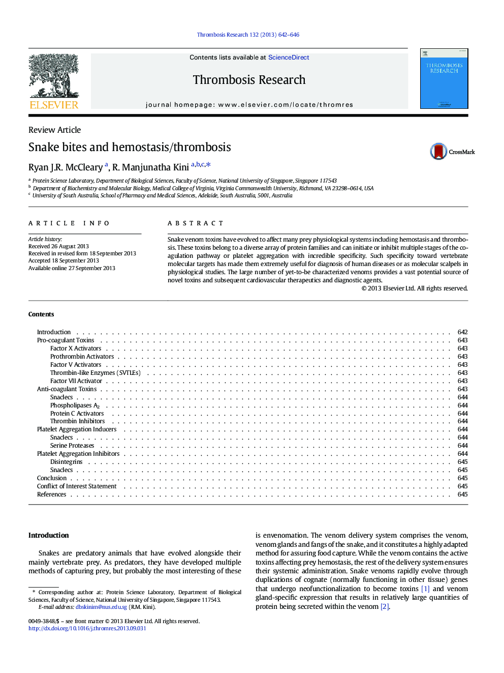 Snake bites and hemostasis/thrombosis