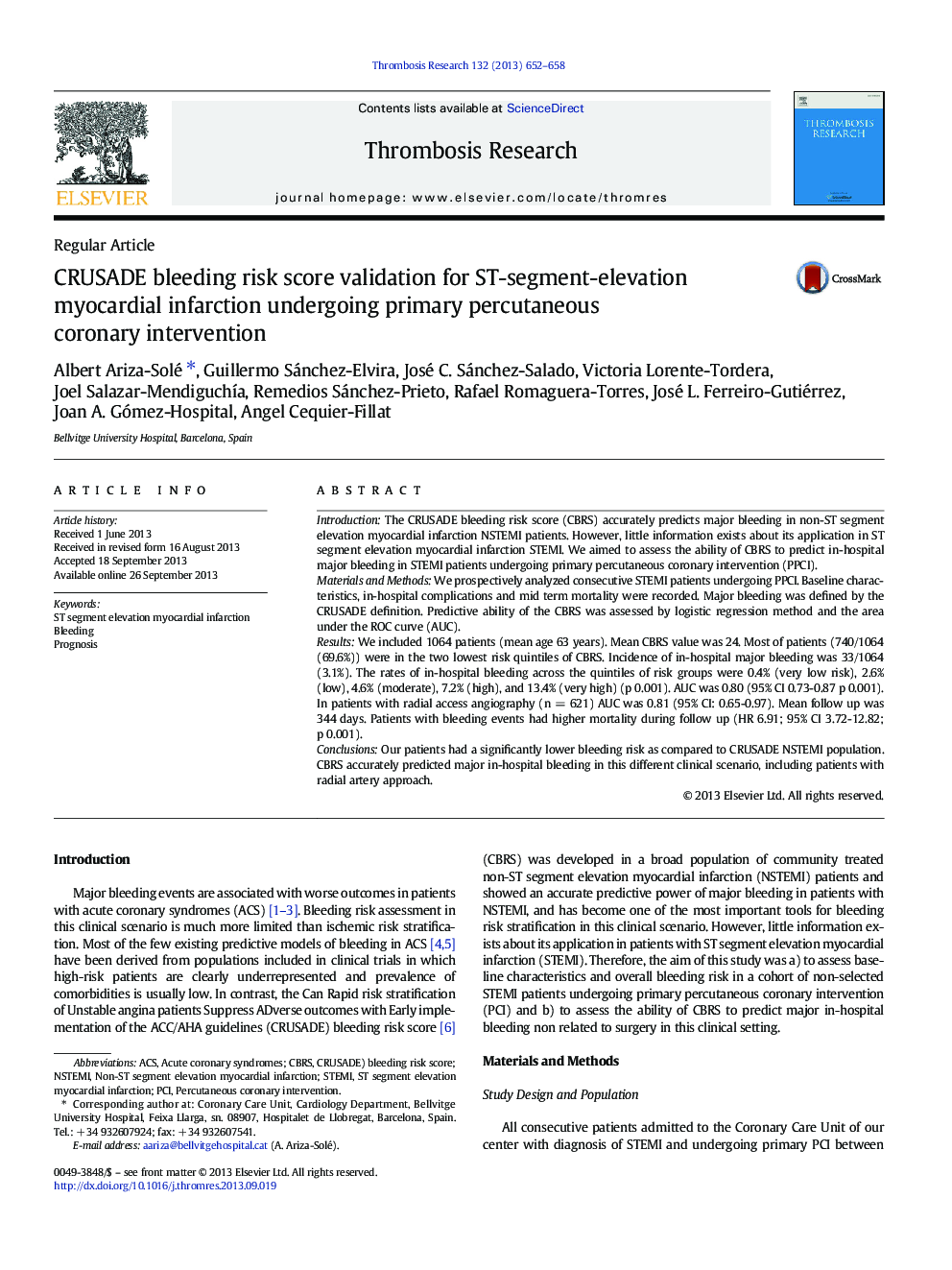 CRUSADE bleeding risk score validation for ST-segment-elevation myocardial infarction undergoing primary percutaneous coronary intervention