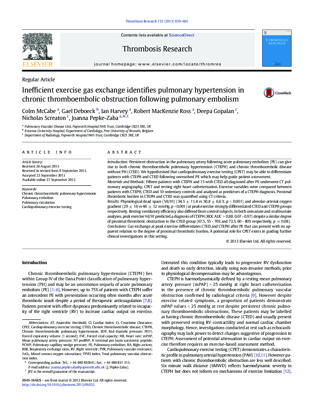 Inefficient exercise gas exchange identifies pulmonary hypertension in chronic thromboembolic obstruction following pulmonary embolism